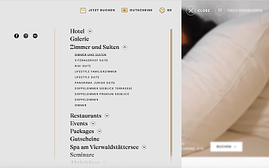 Navigation für Hotelzimmer und Suiten auf einer Webseite.
