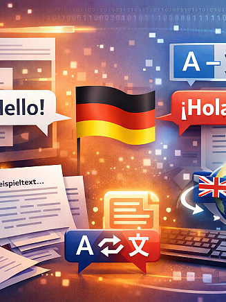 Grafik mit Sprechblasen 'Hello' und '¡Hola!', deutscher Flagge, Computer und Weltkugel zur Sprachübersetzung und Content-Management-Systemen