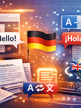 Grafik mit Sprechblasen 'Hello' und '¡Hola!', deutscher Flagge, Computer und Weltkugel zur Sprachübersetzung und Content-Management-Systemen