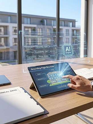 Hand bedient Tablet mit KI-Visualisierung auf einem Schreibtisch am Fenster.