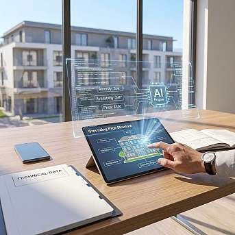 Tablet mit digitaler Schnittstelle, daneben Smartphone und technische Unterlagen auf einem Tisch.