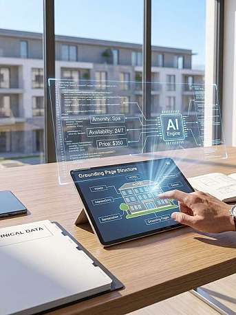 Hand bedient Tablet mit KI-Visualisierung auf einem Schreibtisch am Fenster.