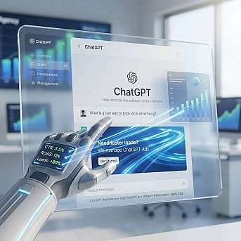 Transparenter Bildschirm mit ChatGPT-Oberfläche und roboterhafter Hand im Vordergrund.