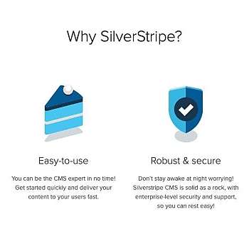 Warum SilverStripe? Eine Übersicht der Vorteile von SilverStripe CMS mit Symbolen.