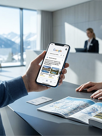 Hand hält Smartphone mit Suchergebnissen in heller Hotel-Lobby mit Rezeption und Broschüren.
